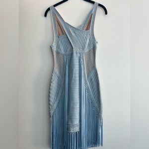 Herve Leger baby blue fringe body con dress